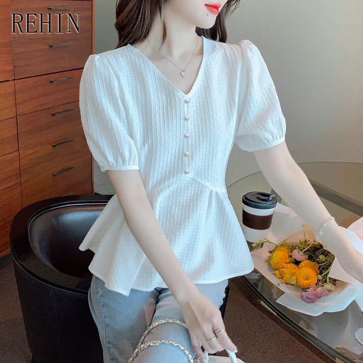 rehin-women-s-top-waist-slimming-bubble-short-sleeved-shirt-summer-new-elegant-age-defying-v-neck-chiffon-blouse