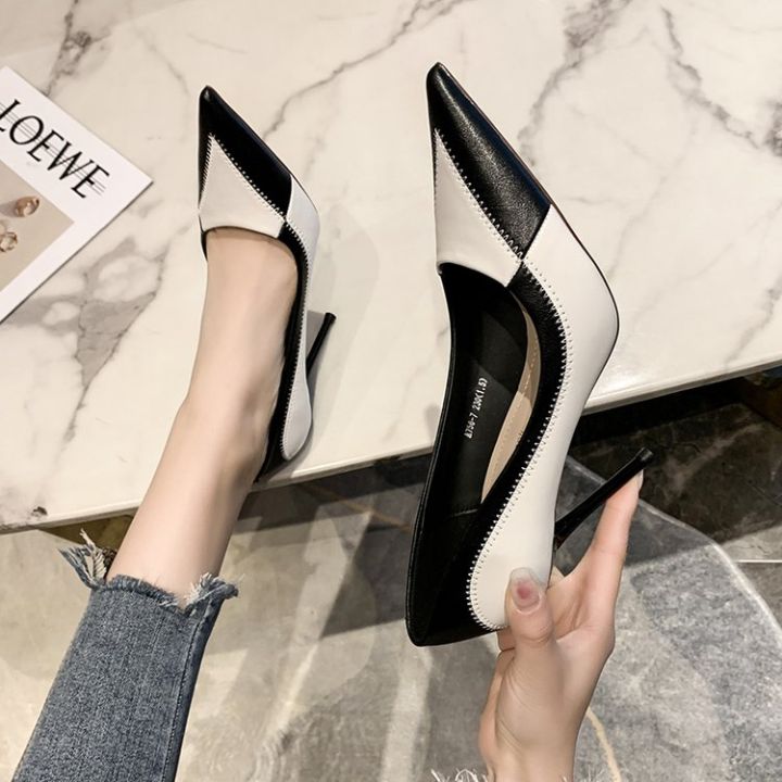 Women's Office Shoes, Soft Sole, High Heels, Mixed Colors, Pointed Toe,  Slip on, Fashion Women's Shoes, Black/White 