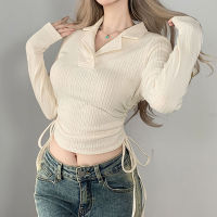 Spot parcel post2023 Spring Korean Style Sweet and Spicy Style Solid Color Flanging V Collar Long Sleeve Top Slim Fit Slimming Drawstring Pleated Short Top