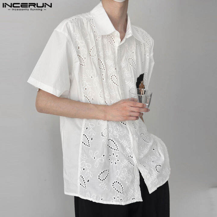 incerun-เสื้อถักแบบลำลองแฟชั่นผู้ชายแขนสั้น-เสื้อเสื้อปักลายกลวงออกปกเสื้อ-สไตล์เกาหลี