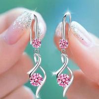 Pink Blue White Zircon Love Heart Female Drop Earrings For Women Dainty Jewelry Trend Silver Color Crystal Stone Wedding Earring