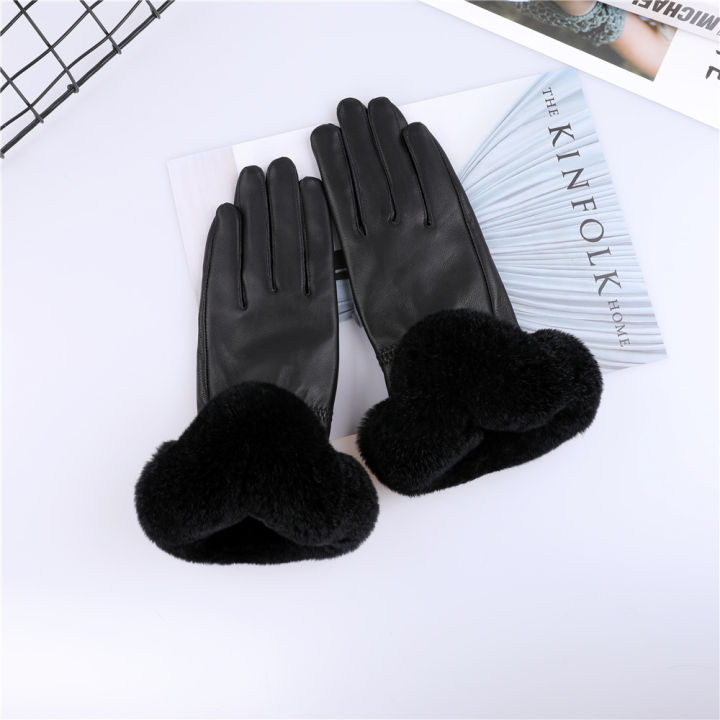 20212021 Womens Genuine sheep skin leather Gloves Autumn Winter Warm rex rabbit fur trim Cuffs gloves Mittens