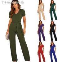 Aolzbiip49h Womens Jumpsuits 2023 ฤดูร้อนLace Upเอวคอวีแขนสั้นกางเกงขากว้างหญิงCommuterสำนักงานS-XXXL