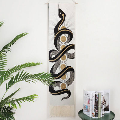 【cw】Rectangular Bohemia Wall Hanging Snake Tassel Tapestry Black Moon Wall Background Blanket Home Livingroom Office Wall Decoration