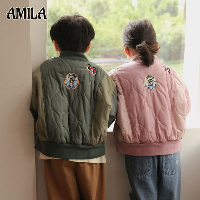 AMILA เครื่องแบบเบสบอลเด็ก เสื้อแจ็กเก็ตลายผ้าต่อเสื้อขนเป็ดผ้าฝ้ายสำหรับเด็กสไตล์ญี่ปุ่นสำหรับเด็ก