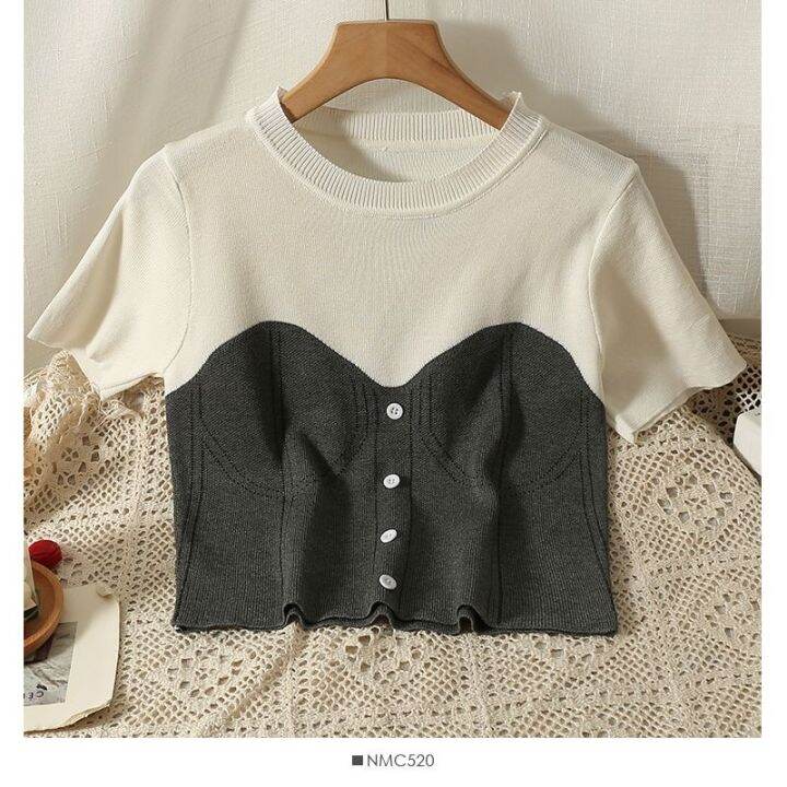 เสื้อยืดแขนสั้น-คอกลม-ผ้าถัก-แฟชั่นฤดูร้อน-สําหรับผู้หญิง-v728