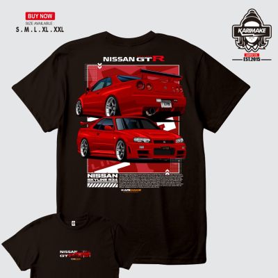 เสื้อยืดพิมพ์ลายพรีเมี่ยม เสื้อยืด พิมพ์ลายรถยนต์ Nissan SKYLINE R34 JDM Karimake