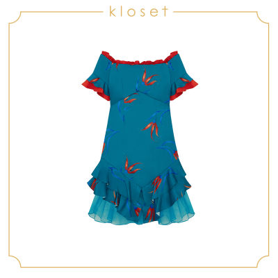 Kloset Off-Shoulder Printed Dress (AW18-D006) เสื้อผ้าแฟชั่น เสื้อผ้าผู้หญิง เดรสแฟชั่น เดรสผ้าพิมพ์