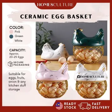 Ceramic Egg Holder Chicken Wire Egg Basket Fruit Basket Collection Ceramic  Hen Oraments Decoration Kitchen Storage 19CMX22CM