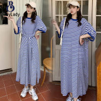 Women Short Sleeves T-shirt Dress Trendy Striped Round Neck Pullover A-line Skirt Casual Loose Long Skirt【fast】