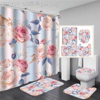 【CW】✚  Pink Flowers Printed Shower Curtain Set Bathing Pedestal Rug Lid cortina ducha