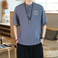 Ethnic style linen short-sleeved T-shirt mens cool and breathable thin T-shirt Chinese Style Linen Shortsleeve Shirt