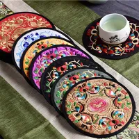 [Baixu 2Pcs/Pack Cup Pad Chinese Style Embroidery Durable Anti-Hot Cloth Home Decoration Kitchen Accessories,Baixu 2pcs/pack embroidered cup pads round modern coaster teacup mat insulation pads chinese style vintage ethnic floral design hot fabric durable multipurpose home kitchens accessories,]