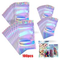 100 Pcs Holographic Bags Resealable Sealed Bags for Party Favor Food Storage(Holographic Color, 4X6 Inch and 7X10 Inch)