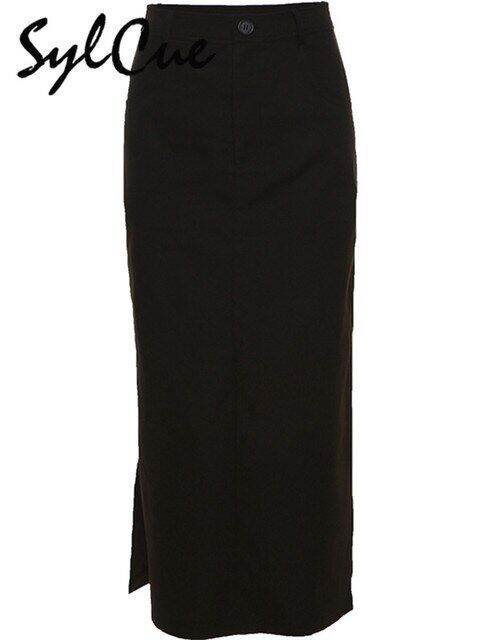 sylcue-simple-black-split-sexy-slim-hot-versatile-light-cool-thin-summer-womens-mature-feminine-charm-street-skirt-long