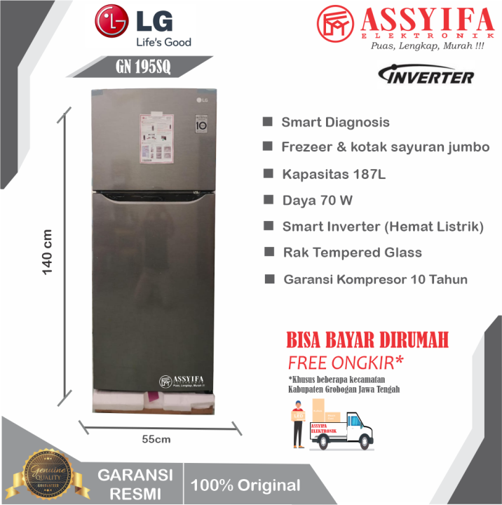 KULKAS LG 2 PINTU SMART INVERTER LOW WATT GNB 195 SQ BARU GARANSI RESMI