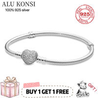 Hot Sale Real 100 925 Sterling Silver pan bracelet Love heart crystal bracelet For Women Fit Original DIY Charm Jewelry