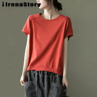 IRENASTORY เสื้อยืดแบบสวมศีรษะสำหรับผู้หญิง,เสื้อยืดแขนสั้นรอบคอหลวมสีทึบศิลปะด้านหน้าสั้นด้านหลังยาว