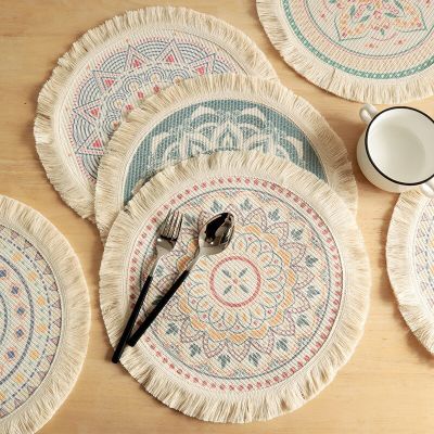 1Pc Round Nordic Style Cotton Woven Geometry Printing Tassel Table Placemat Insulation Mat Home Kitchen Decorative