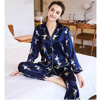 2018 New Women Satin Silk Pyjamas Set Long Sleeve Sleepwear Lady Leisure Home Clothing Modern Style Soft Cozy Open Stitch Print