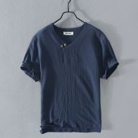 100% Cotton and linen Men T-shirt V-neck Fashion Design Slim Fit Soild T-shirts Male Tops Tees Short Sleeve T Shirt For Men gym