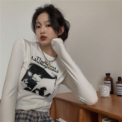 Korean Fashion Clothing Casual Slim T-shirt For Women O Neck Long Sleeve Sexy Crop Top Grunge Letters Print Female