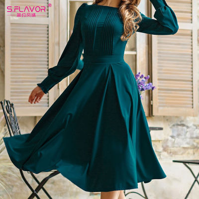 S.FLAVOR Women Vintage Solid Color A-line Dress Elegant Green Long Sleeve Pleated Midi Vestidos 2022 Spring Casual Dresses