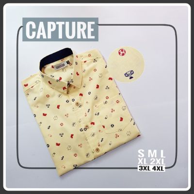 Capture Shirt เสื้อเชิ้ตผู้ชาย เชิ้ตแขนสั้น คอปก ลายฟุตบอลรวมมิตร สีเหลือง มีถึงอก 48 นิ้ว