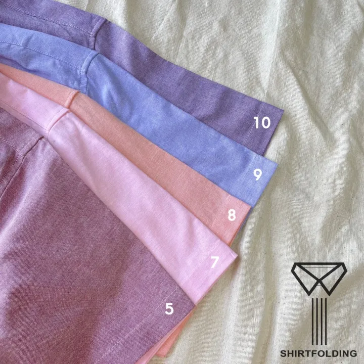 shirtfolding-เสื้อเชิ้ต-แขนสั้นคอปก-สีแดงยีนส์-สีโอรส-สีชมพู-สีม่วง-สีม่วงยีนส์-กระดุมดำ