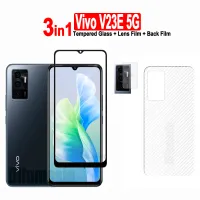 3in1สำหรับ Vivo V23E ฟิล์มกระจกเทมเปอร์5ก. และ V27Pro Vivo V25Pro V27E V25E V21E V23 V21 T1 5ก. T1X จอกระจกนิรภัยป้องกันกระจกเทมเปอร์ + ฟิล์มเลนส์กล้อง + ฟิล์มด้านหลังคาร์บอนไฟเบอร์