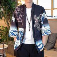 LASGO Japanese ukiyo-e Taoist robe sea wave carp print kimono mens and womens loose three-quarter sleeve shirt thin section