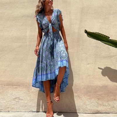【HOT】☃ Flying Sleeves Ruffle Dresses Printed Beach 2023 Fashion Deep V Up Pleated