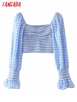Tangada Women Retro Blue Plaid Pattern Crop Shirt Square Collar 2022 Chic Female Shirt Tops 5X51