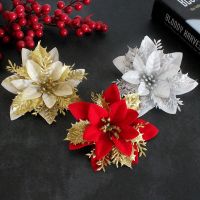 hot【cw】 5pcs 13cm Glitter Artificial Flowers Xmas Ornaments Decorations for New Year Gifts