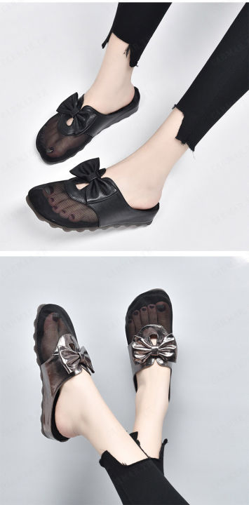 carmar-รองเท้าแตะผู้หญิงสไตล์ใหม่แบบเนื้อหนังผ้าไหมพรมเสริมด้วยโบว์ผูกเชือก-พื้นเรียบล้วน-ไม่ลื่น-พับเก็บได้สะดวก