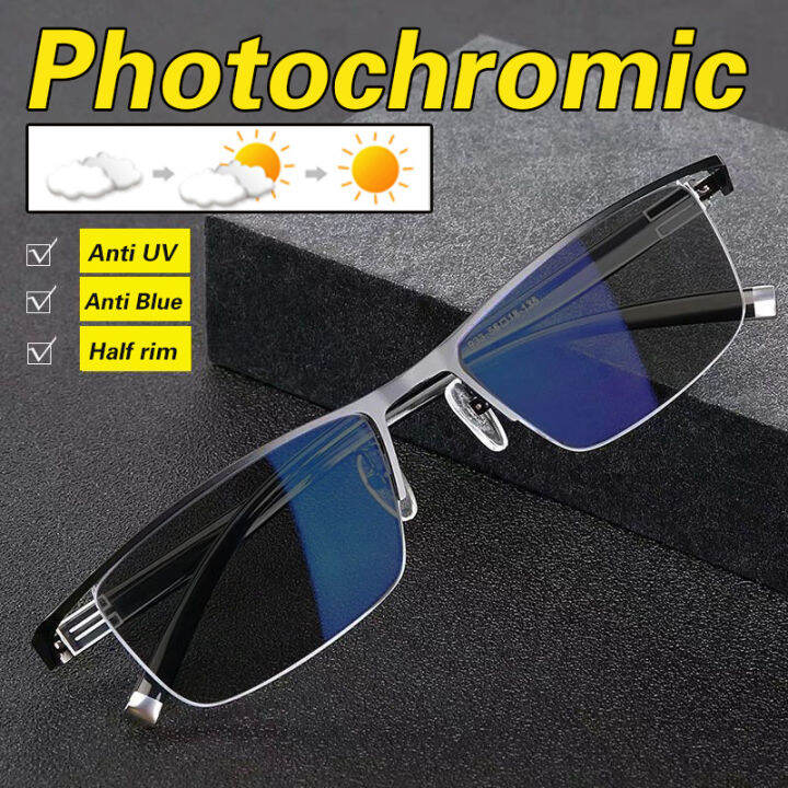 2 in 1 Photochromic Computer Glasses Men Metal Frame Anti UV400 Color ...