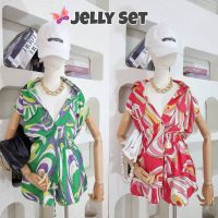 เซ็ท2ชิ้น✨Jelly Set✨เซ็ตเสื้อเชิ้ตแขนกุดไหล่ล้ำ+กางเกงขาสั้นลายกราฟฟิค✨ป้ายCottoncandy