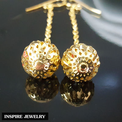 Inspire Jewelry ,ต่างหูทอง รูปลูกบอล แบบตุ้งติ้ง  งานร้านทอง ปราณีต หุ้มทองแท้ 24K สวยหรู พร้อมถุงกำมะหยี่