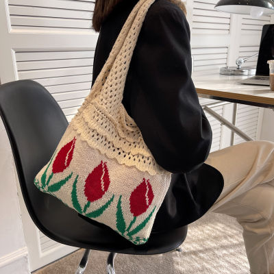 Personality hand- simple retro hollow knitted portable shoulder bag Western style casual bag women