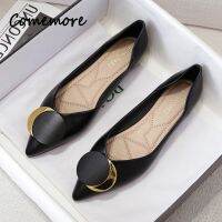 Comemore Flats Shoes Women 2023 Pointed Toe Soft Leather Black Beige Lady Fashion Flats Round Buckle Flat Sole Large Size 42 43