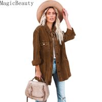 Women Solid Autumn Winter Turn-down Collar Jacket Loose Corduroy Button Shirt Long Sleeved Pockets Coat Tops