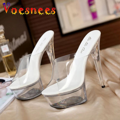 Voesnees Women Sandal Female Model T Station Catwalk y Crystal Transparent Shoes 15CM High Heels Waterproof Head Sandals