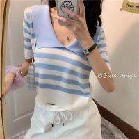 AR (พร้อมส่ง/5710)2021เสื้อสเวตเตอร์ครอฤดูร้อนเสื้อยืดแขนสั้นเอวสูงหญิงสไตล์เกาหลีสีลาย