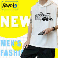 RUNAY เสื้อกล้ามมีฮู้ดสำหรับผู้ชาย  เสื้อแขนกุดสำหรับใส่เล่นกีฬาฝึกซ้อมใส่ฤดูใบไม้ผลิและฤดูร้อนเสื้อกล้ามพิมพ์ลายแน่นกระชับกล้ามเนื้อสำหรับผู้ชาย