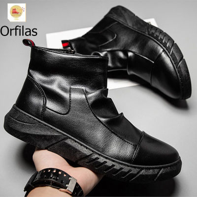 Orfilas 🚛🚛โปรโมชั่นรองเท้าหนังผู้ชายราคาถูก รองเท้าบูท Zip ผู้ชายหนา, รองเท้าบูทแฟชั่น PU รองเท้าผู้ชาย รองเท้าบูท