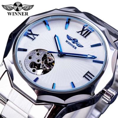 นาฬิกาสำหรับผู้ชายระบบอัตโนมัติ Winner แบบโครงกระดูกโปร่งใสดีไซน์เรขาคณิตสีฟ้ามหาสมุทรนาฬิกาเครื่องกลแฟชั่น