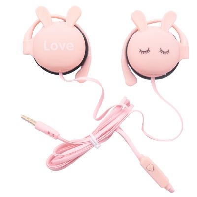 Cartoon Rabbit Ear Hook Wired Earphone Sport Running Stereo Headphones Children Girl Headset For