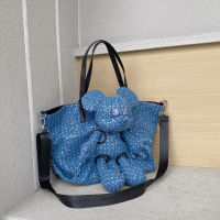 Xiaohongshu There will be 1-2CM deviation in size Denim Sequins With Leather Doll Bag S Trendy Large-Capacity Handbag Tote Bag