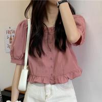 Women blouse Korean loose fungus edge bubble sleeve slim college style square neck Casual Short Sleeve Shirt