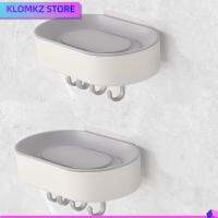 KLOMKZ 2Pcs กับท่อระบายน้ำ จานสบู่ พร้อมตะขอ6อัน ไม่มีการเจาะ ที่วางสบู่ ใช้งานได้จริง อุปกรณ์ติดผนัง กล่องใส่สบู่ ฝักบัวห้องน้ำห้องครัว